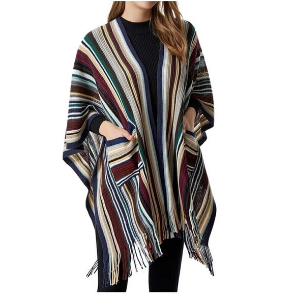 Wrap Winter Split Shawl Scarf Stripe Outside Pocket Cape Shawl Scarf OS - Picture 1 of 6